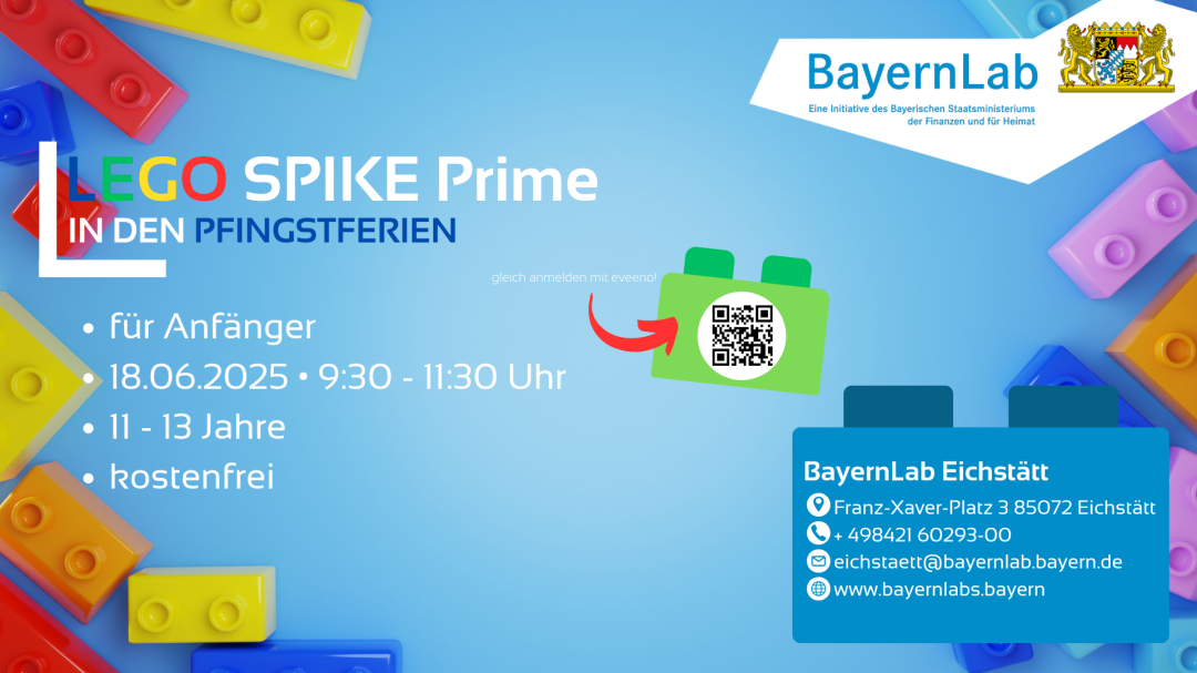 Werbeposter für den LEGO Spike Prime Workshop in den Pfingstferien 2025